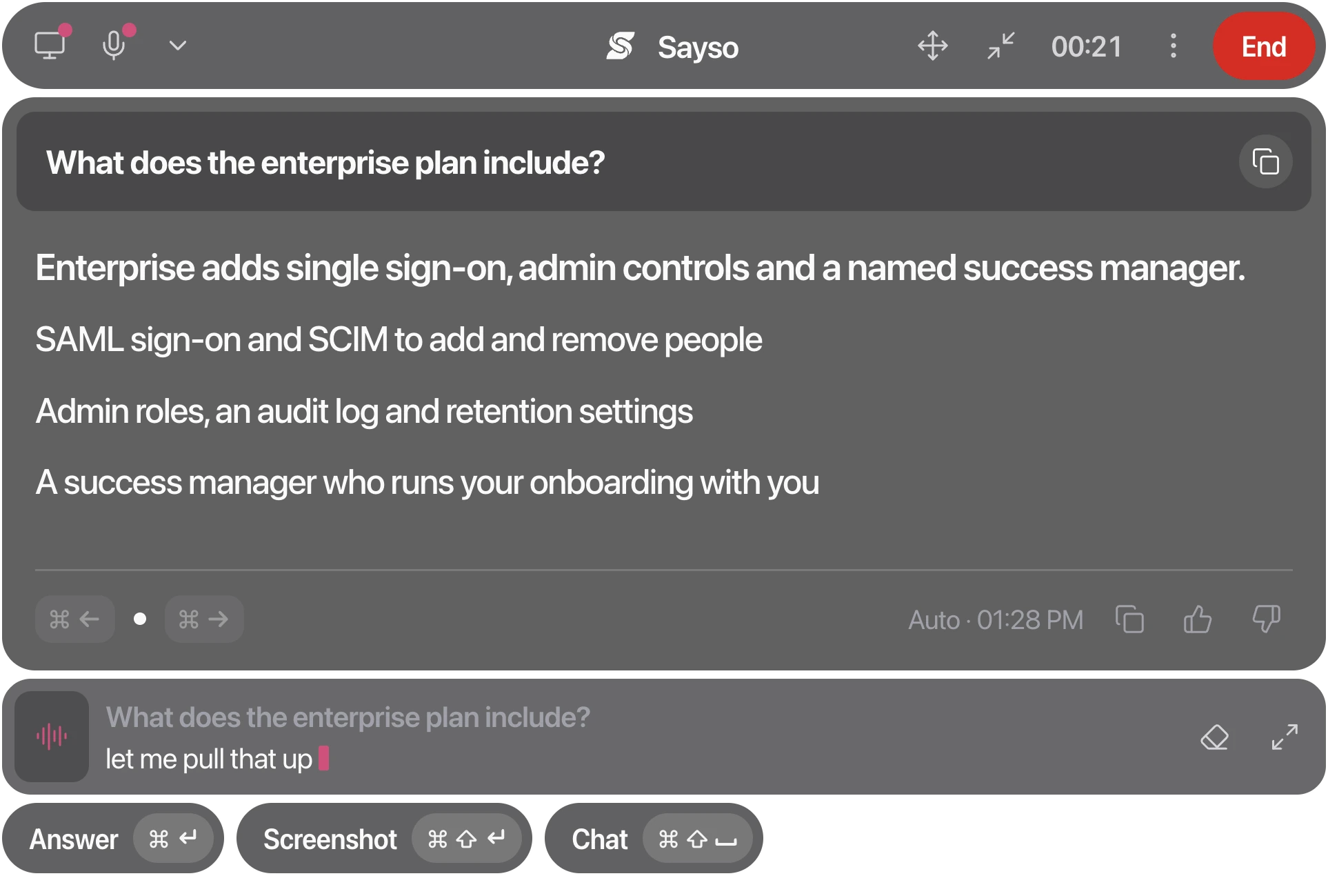 The Sayso panel, as the desktop app draws it: the buyer asked what the enterprise plan includes, and the answer lists single sign-on, admin controls and a named success manager.