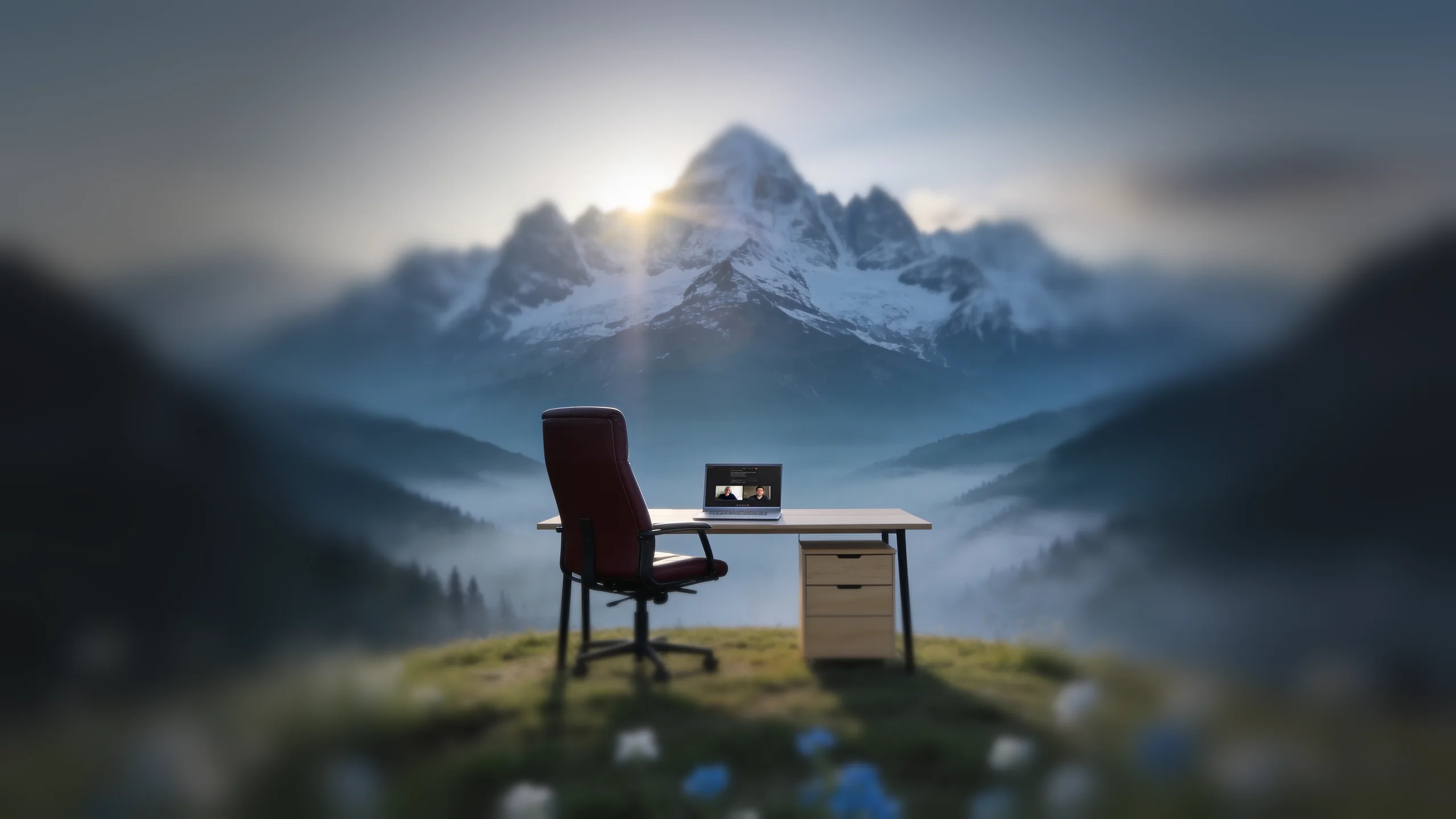 A desk and an oxblood leather chair on an alpine meadow of wildflowers, a misty valley and snow-capped mountains behind. On the open laptop, a video call with a buyer, and the Sayso panel answering her question.